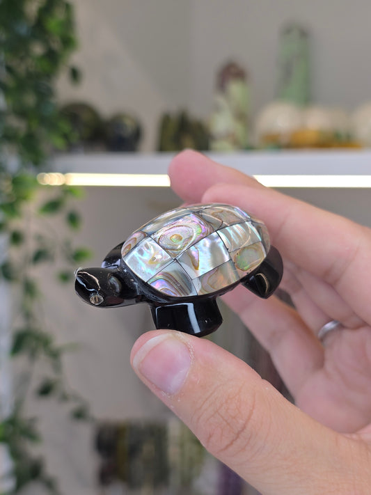 Hand Carved Mexican Obsidian Turtle with Abalone Shell - B