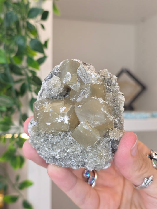 Honey Calcite Cubes on Druzy Sugar Calcite and Stilbite Matrix from Madhya Pradesh, India - Q