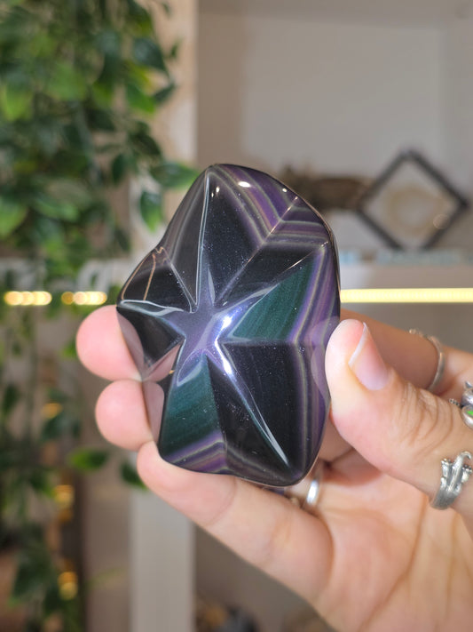 Mexican Rainbow Obsidian Star Carving with stand - C
