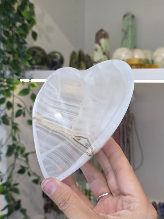 Mexican Onyx Heart Shape Bowl - White Calcite - B
