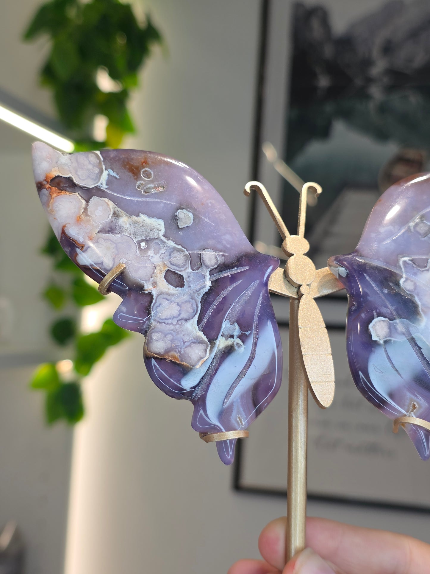 Blue Flower Agate Butterfly Wings on Custom Stand - E