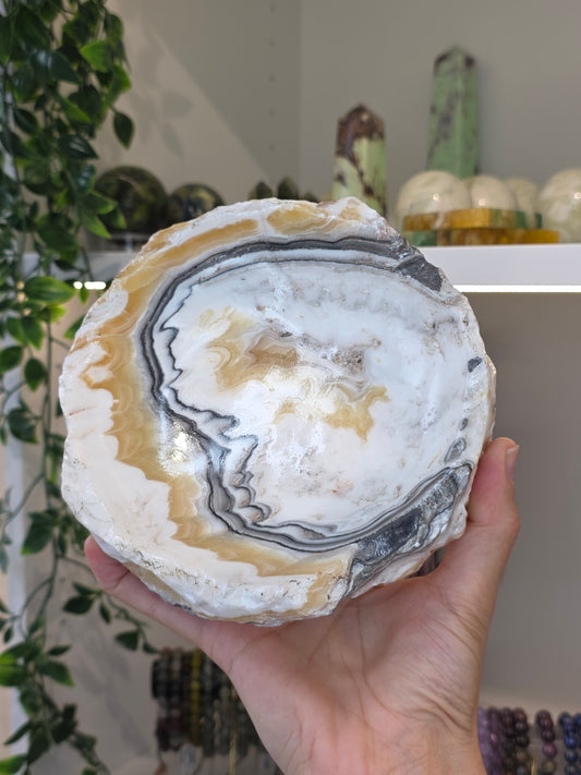 Raw Chunky Mexican Onyx Bowl - Yellow Zebra Calcite - A