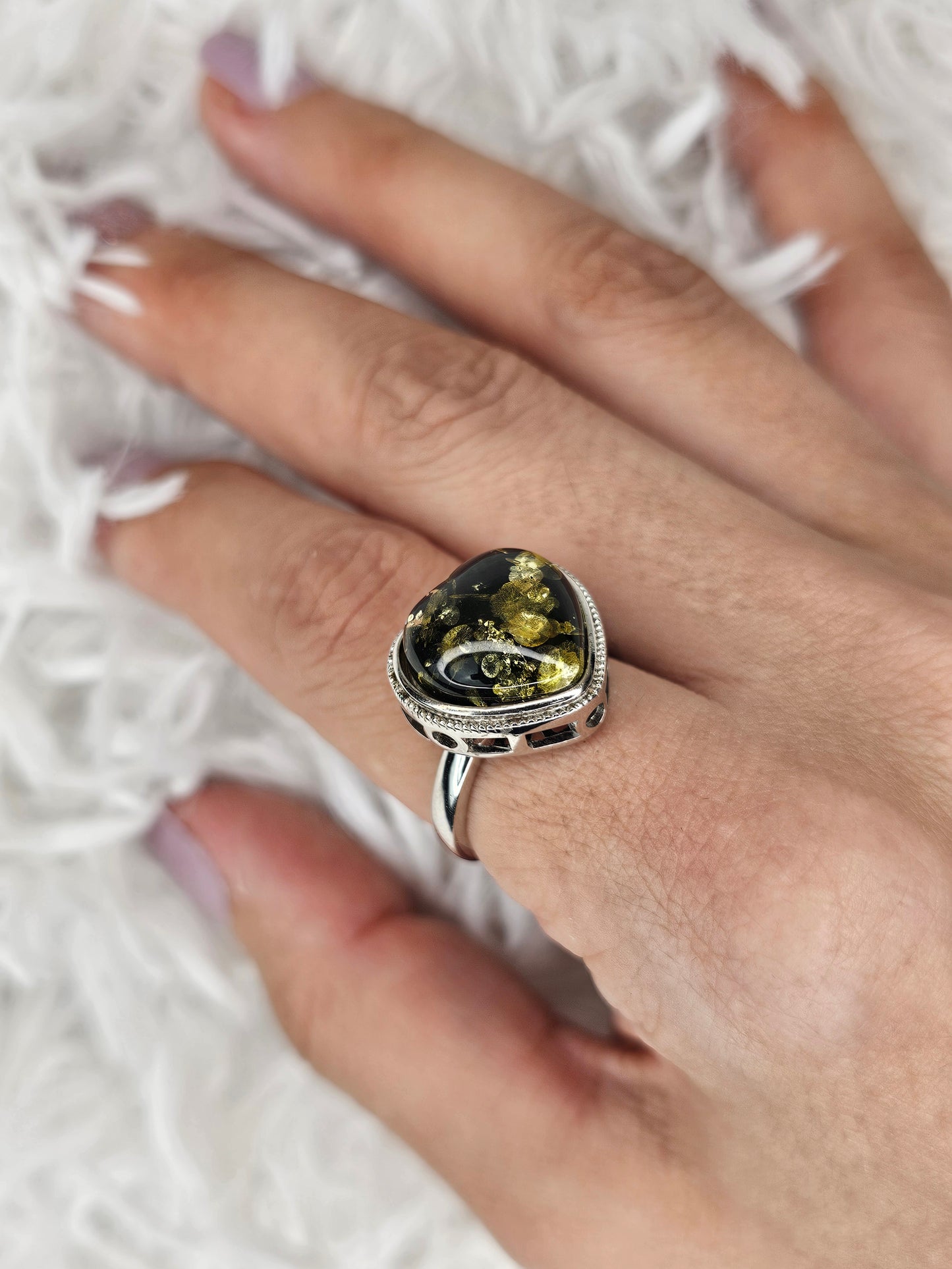 S925 Silver Adjustable Black Amber Ring - MAS1045