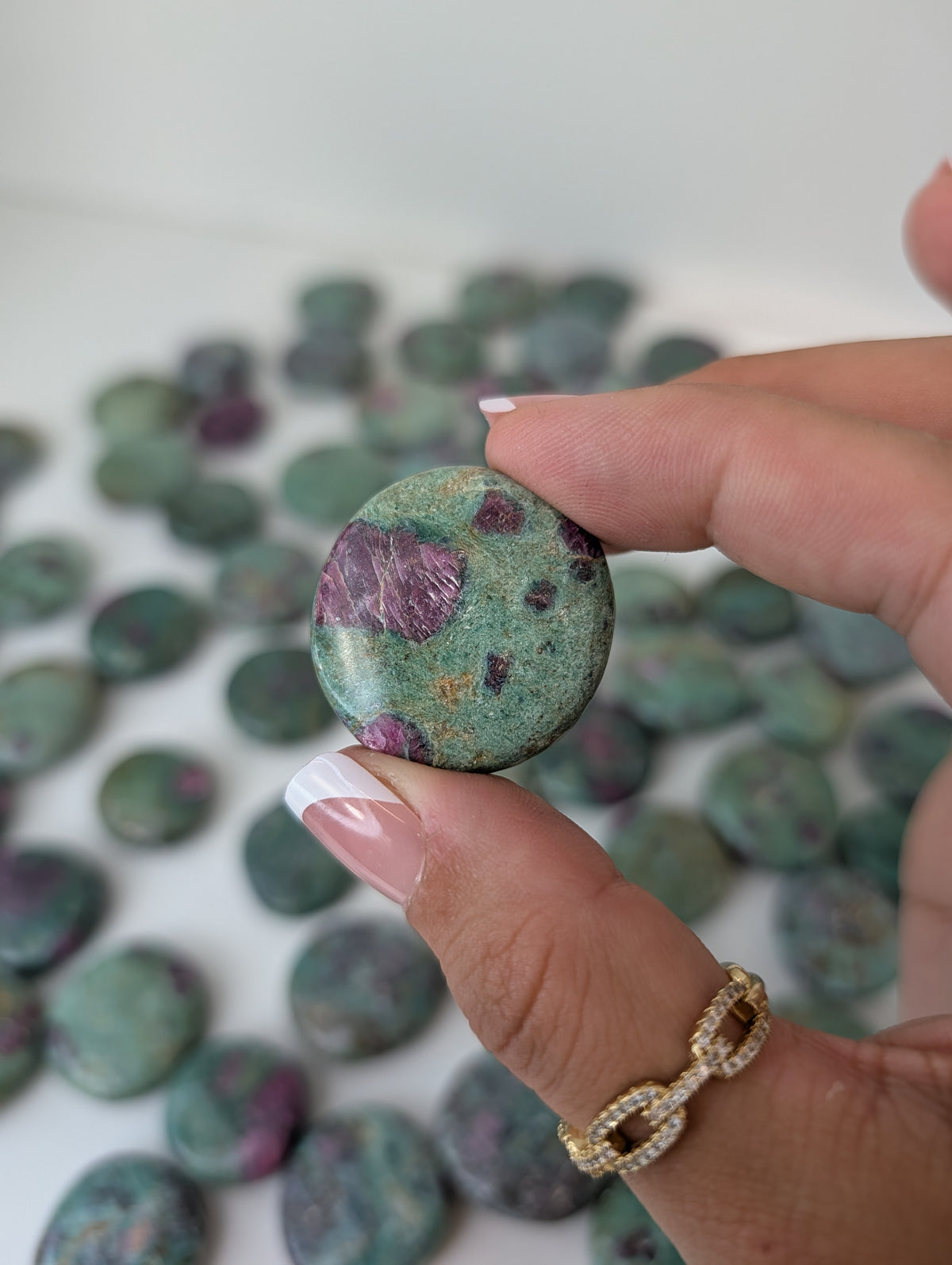 Intuitively Chosen Indian Ruby Fuchsite Button Flat Stones UV reactive