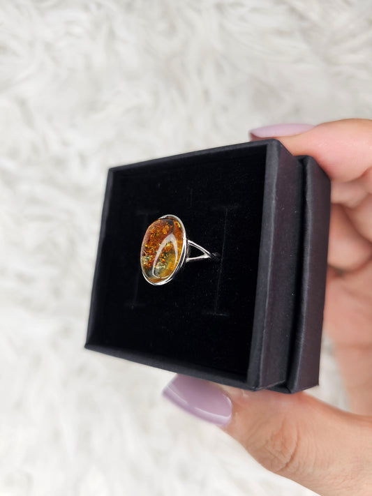 S925 Silver Adjustable Flower Amber Ring - MAS1034