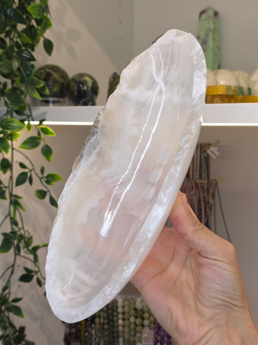 Mexican Onyx Canoe Bowl - White Calcite - A