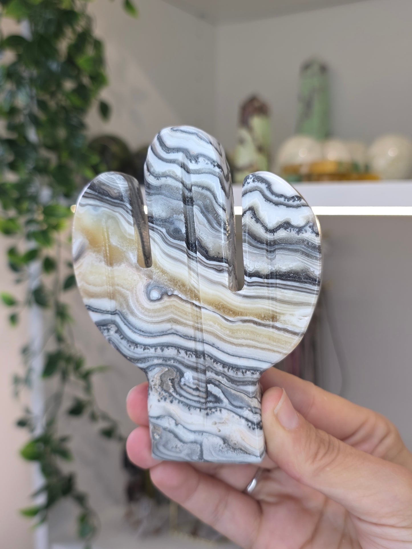 Large Mexican Onyx Freestanding Cactus Carving - Yellow Zebra Calcite - A
