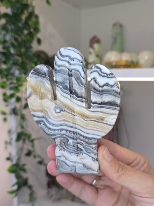 Large Mexican Onyx Freestanding Cactus Carving - Yellow Zebra Calcite - A