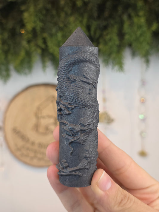 Shungite Tower with Dragon Carving C