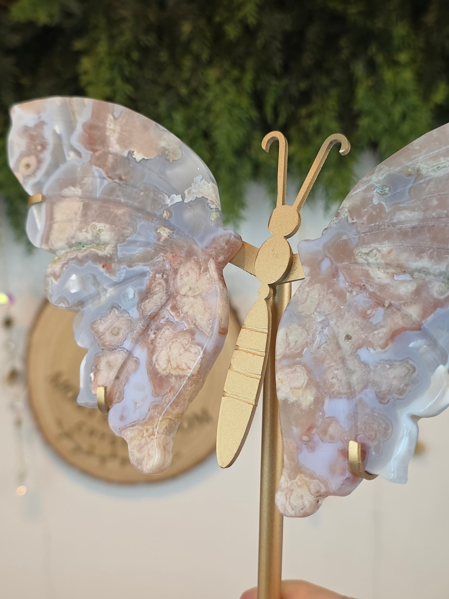 Pink Flower Agate Butterfly Wings on Custom Stand
