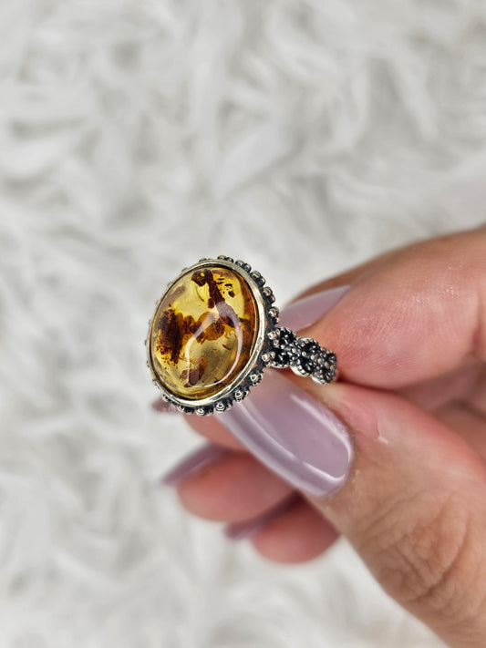 S925 Silver Adjustable Flower Amber Ring - MAS1035