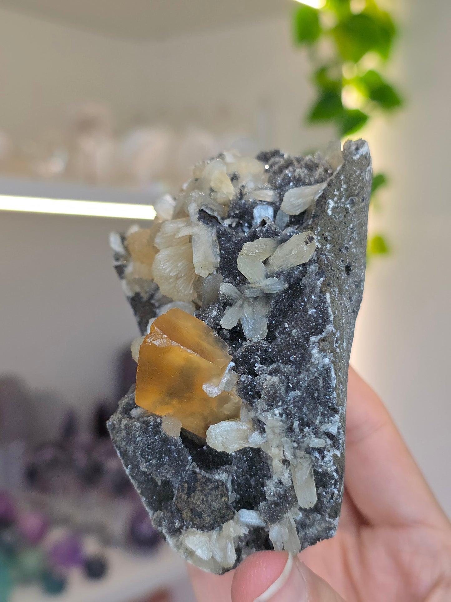 Honey Calcite on Black Chalcedony with Stilbite (O) from Madhya Pradesh India