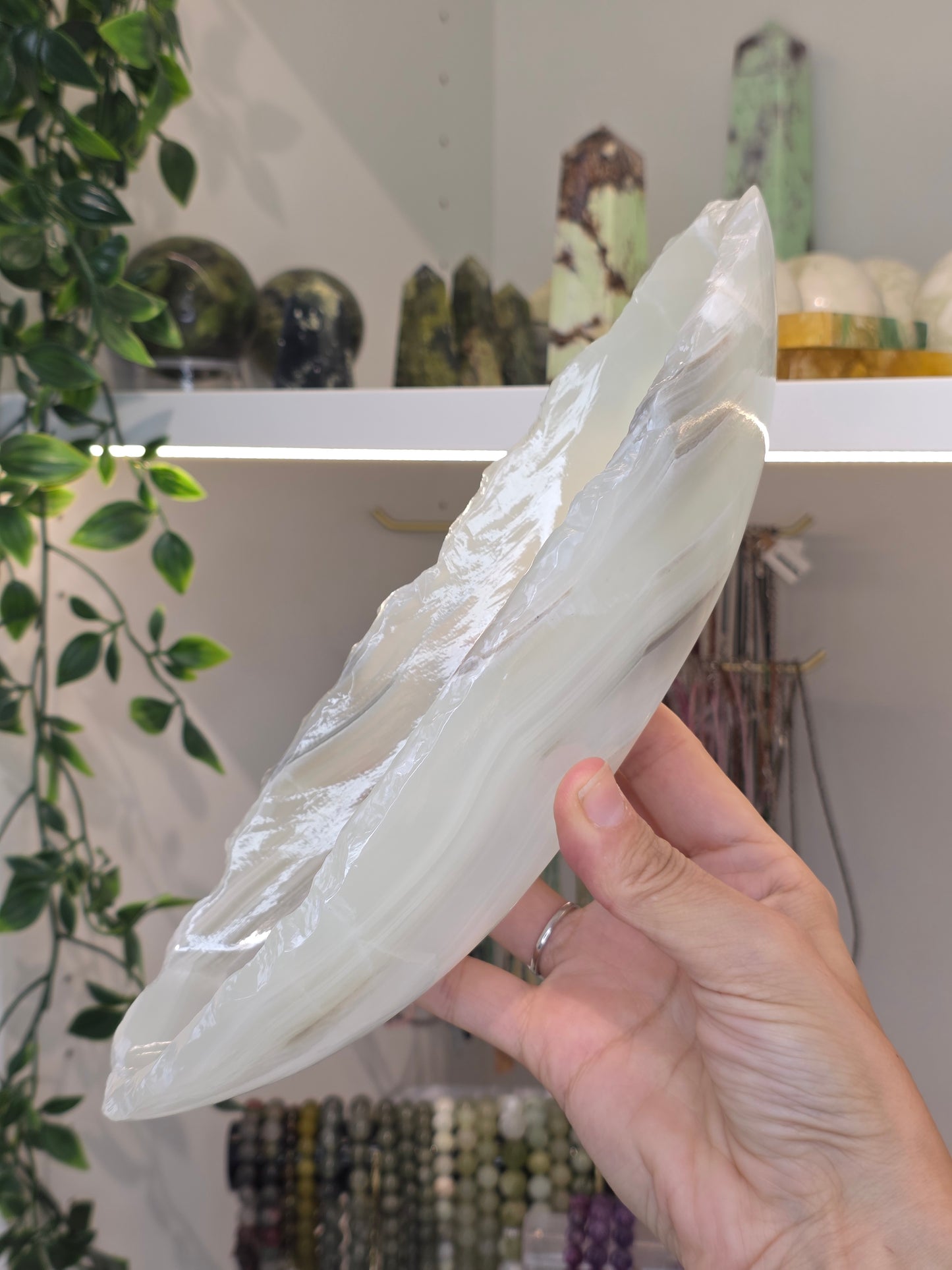 Mexican Onyx Canoe Bowl - White Calcite - C