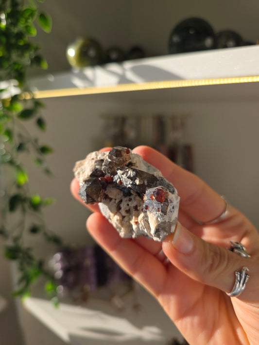 Garnet on Feldspar with Smokey Quartz from Tongbei, Yunxiao, Fujian China D