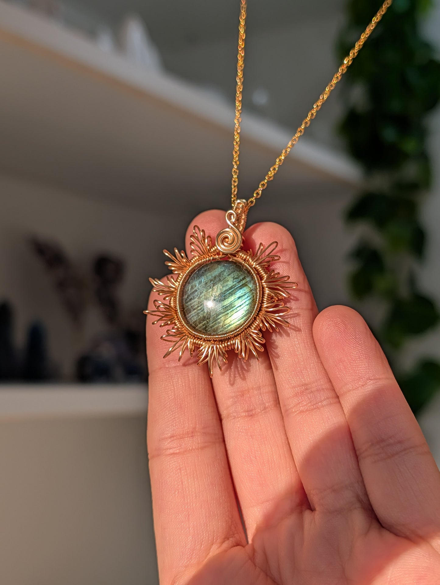 High Quality Hand Wrapped Gold Labradorite Sun Pendant with S925 Silver Gold Plated Chain Necklace - A42