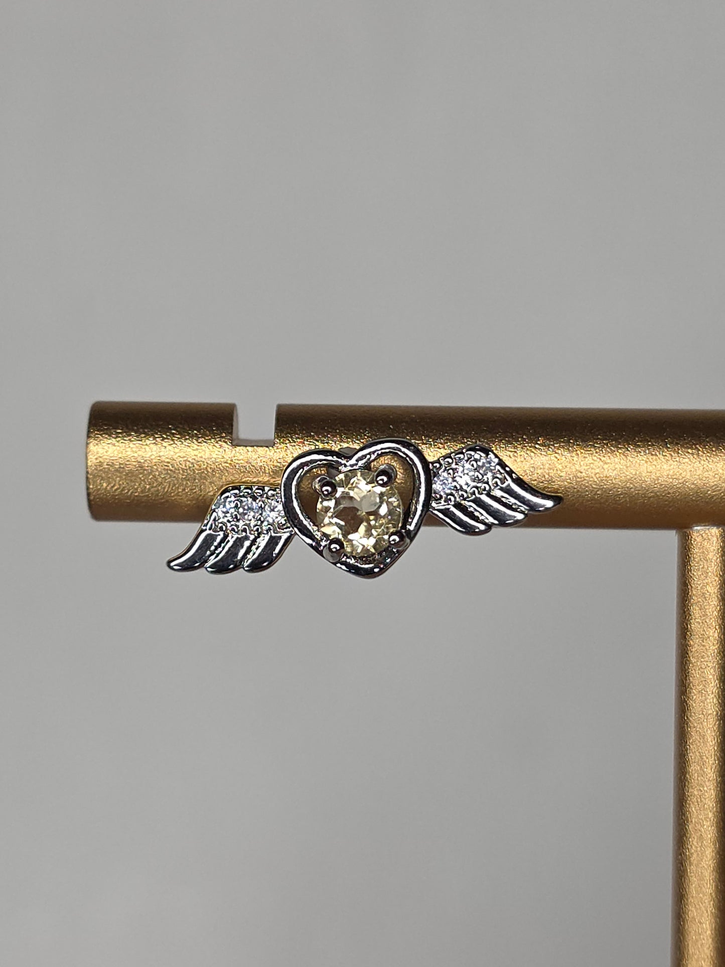 Natural Citrine Heart with Wings Earrings with S925 Silver Posts