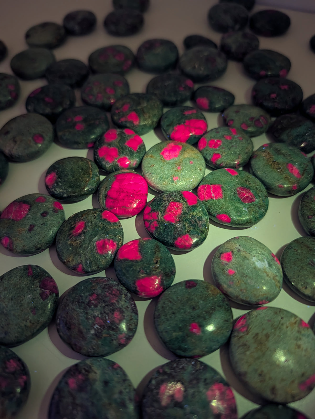 Intuitively Chosen Indian Ruby Fuchsite Button Flat Stones UV reactive