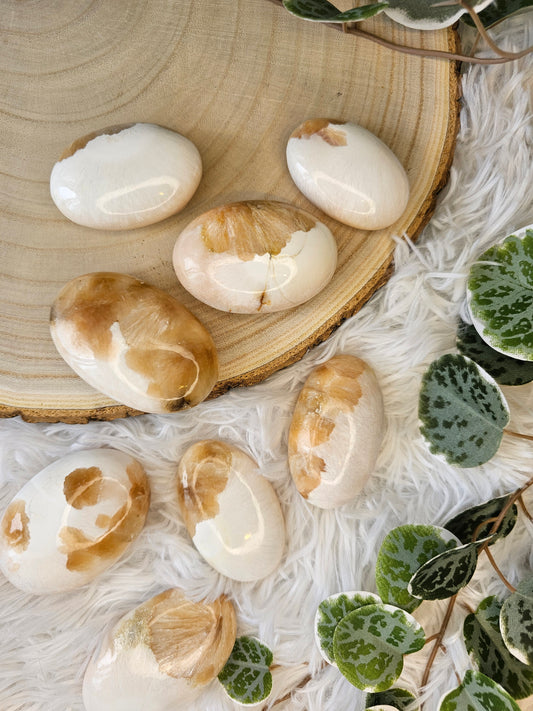 Stilbite with Scolecite Palm Stone - MAS0588