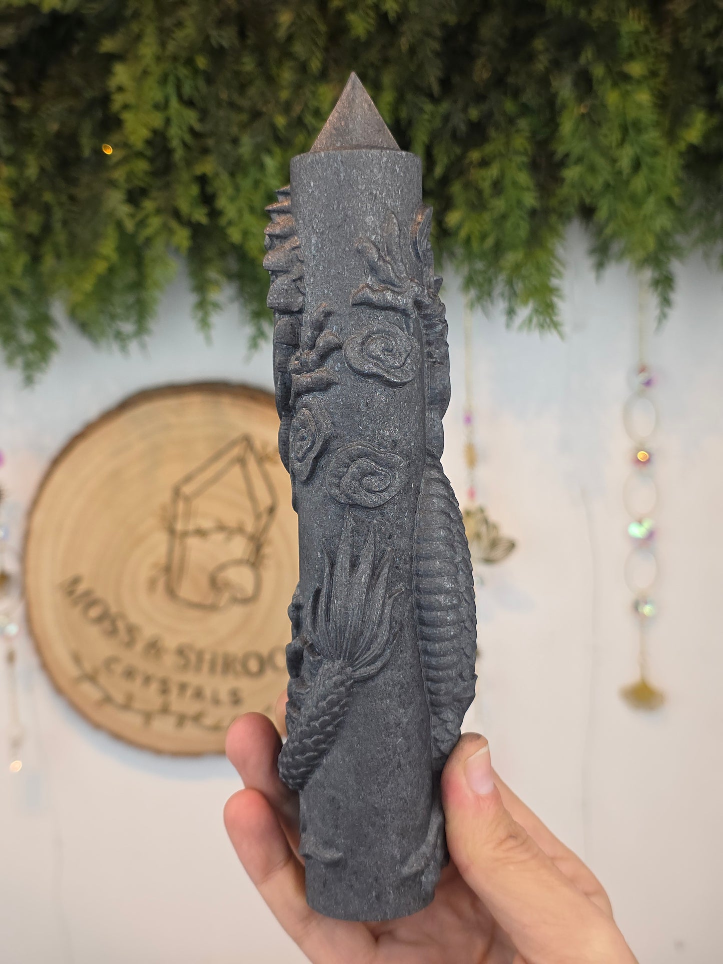 Shungite Tower with Dragon Carving A