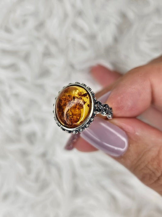S925 Silver Adjustable Flower Amber Ring - MAS1036