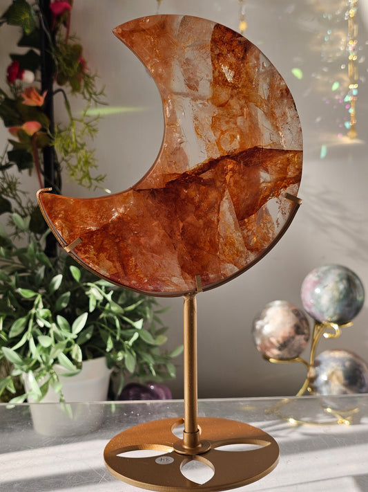 High Quality Golden Healer Fire Quartz Moon on Custom Stand - MAS0813