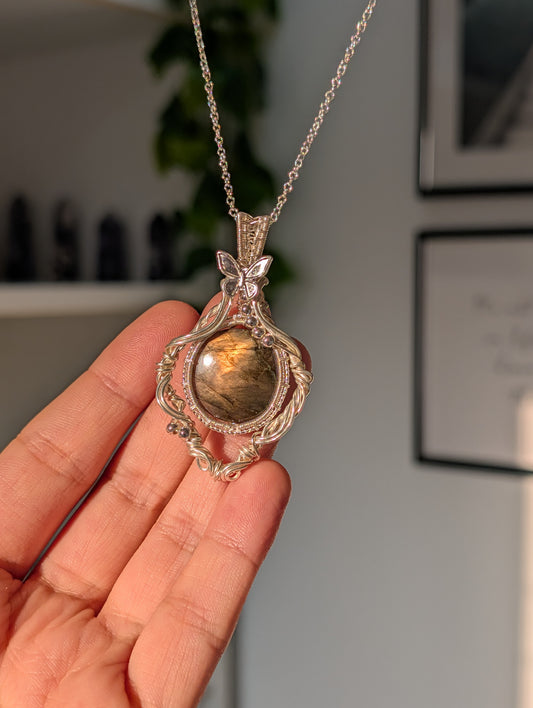 High Quality Hand Wrapped Labradorite Pendant with S925 Silver Chain Necklace - C38
