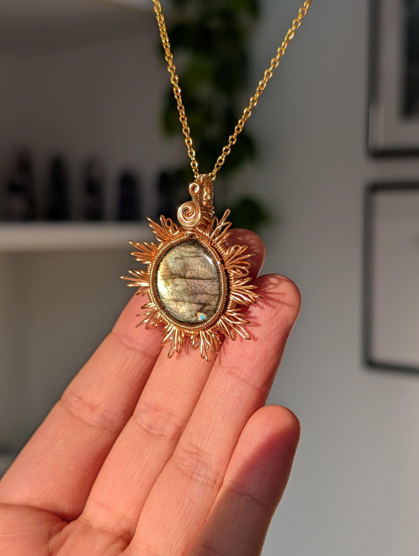 High Quality Hand Wrapped Gold Labradorite Sun Pendant with S925 Silver Gold Plated Chain Necklace - B42