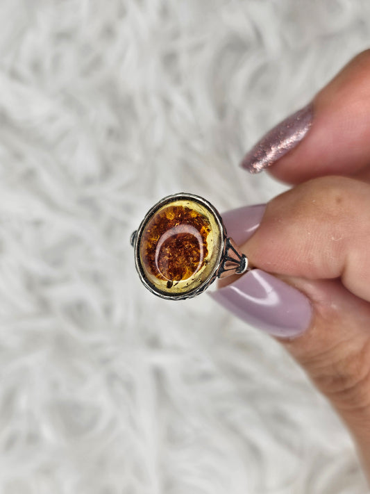 S925 Silver Adjustable Flower Amber Ring - MAS1038