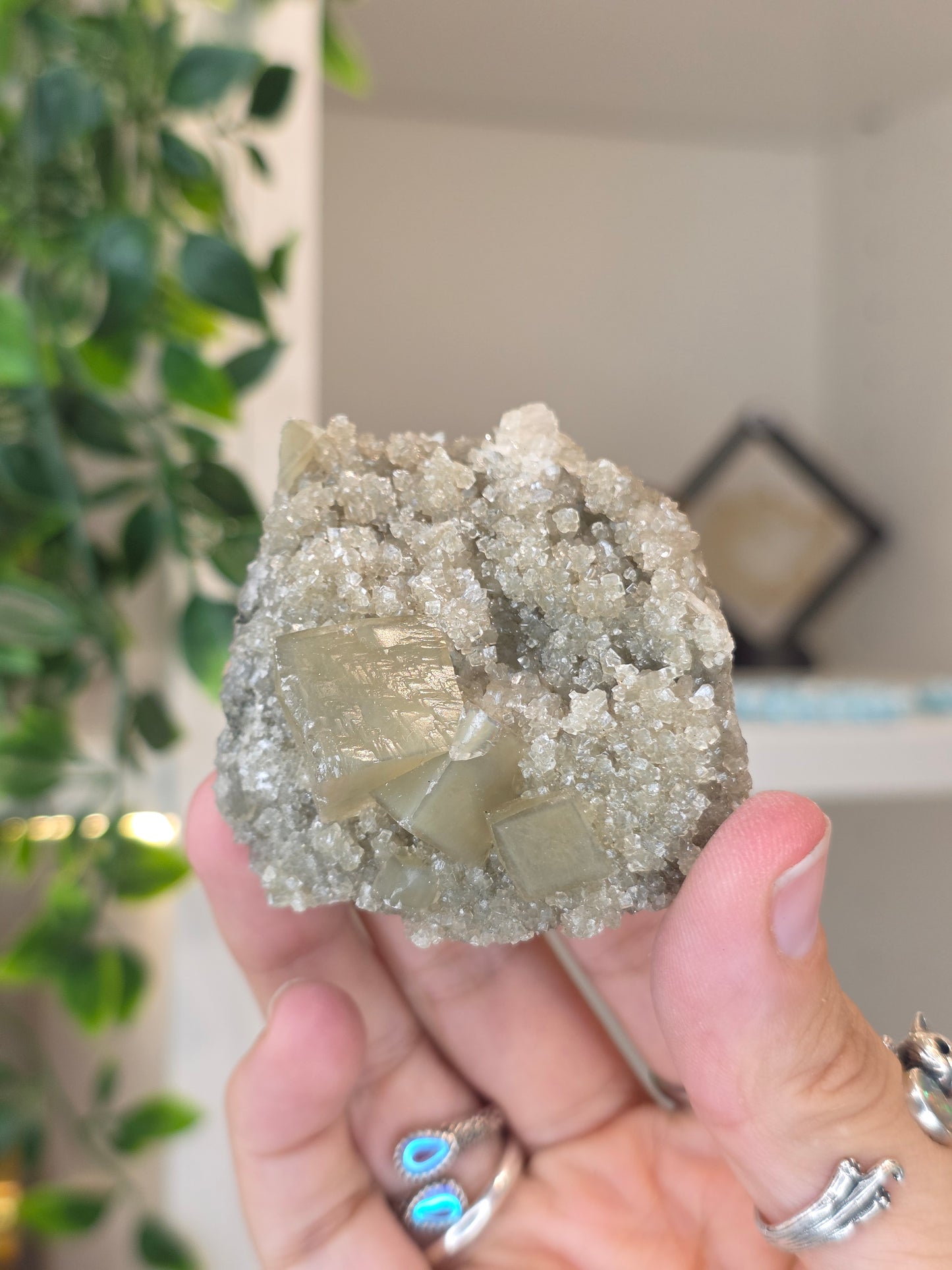 Honey Calcite Cubes on Druzy Sugar Calcite and Stilbite Matrix from Madhya Pradesh, India - J