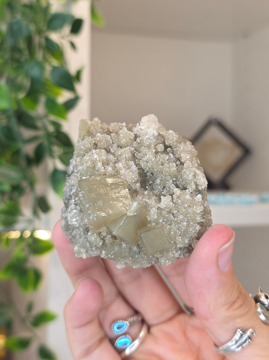 Honey Calcite Cubes on Druzy Sugar Calcite and Stilbite Matrix from Madhya Pradesh, India - J