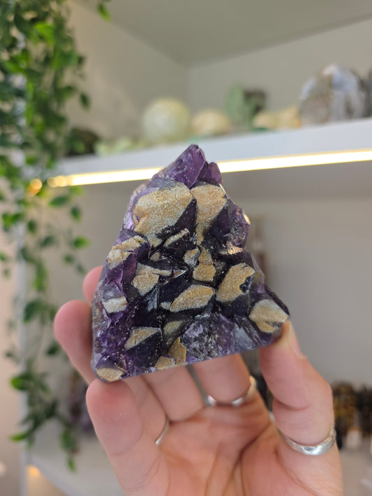 'Alien Amethyst' Hemitite Included Amethyst with Sugar Calcite from Hyderabad, India K