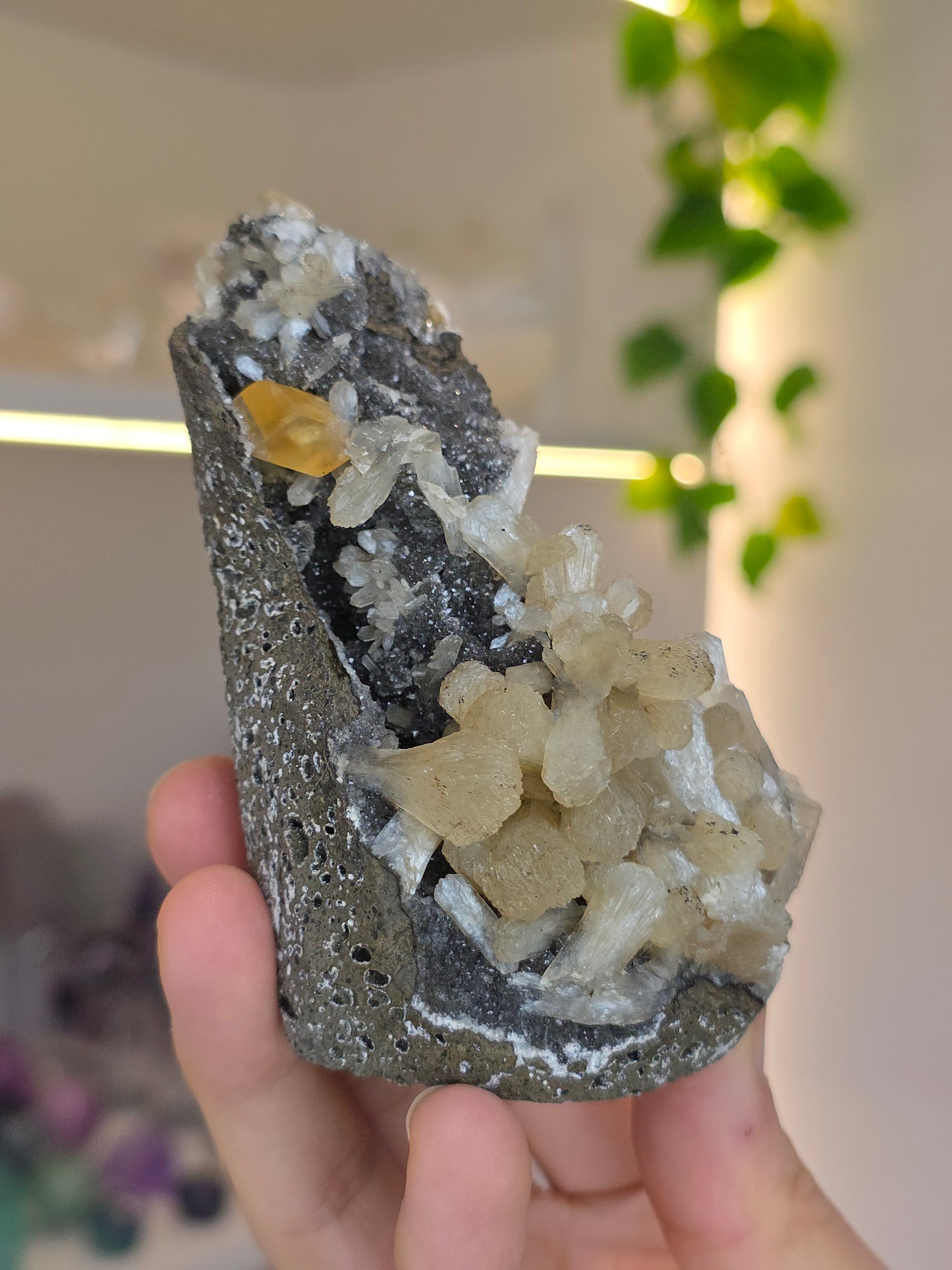 Honey Calcite on Black Chalcedony with Stilbite (AB) from Madhya Pradesh India