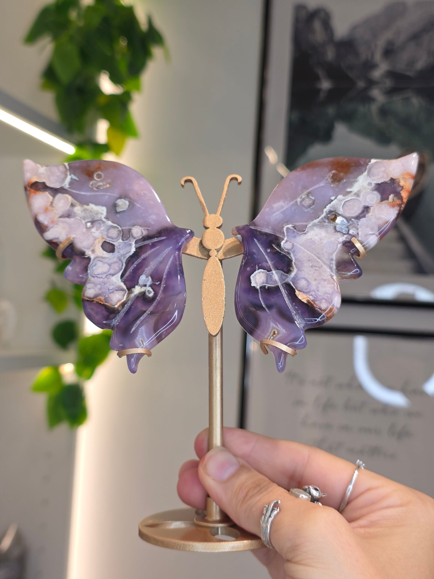 Blue Flower Agate Butterfly Wings on Custom Stand - E