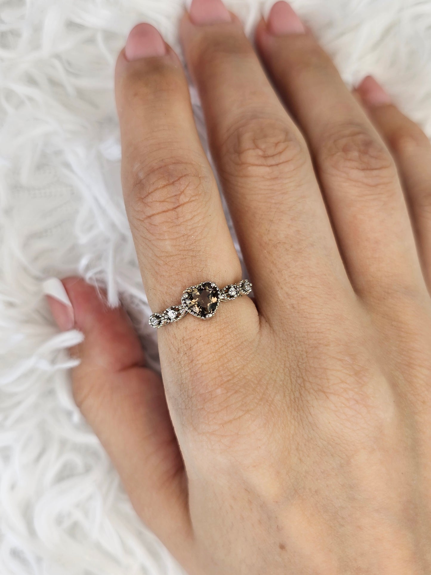 S925 Silver Adjustable Smokey Quartz Heart Ring - MAS0916