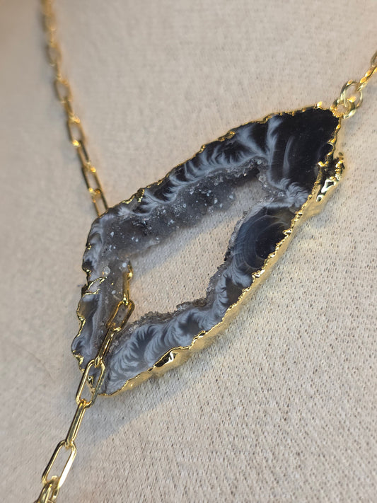 18ct Gold Plated Druzy Brazilian Agate Necklace with Black Tourmaline Drop A
