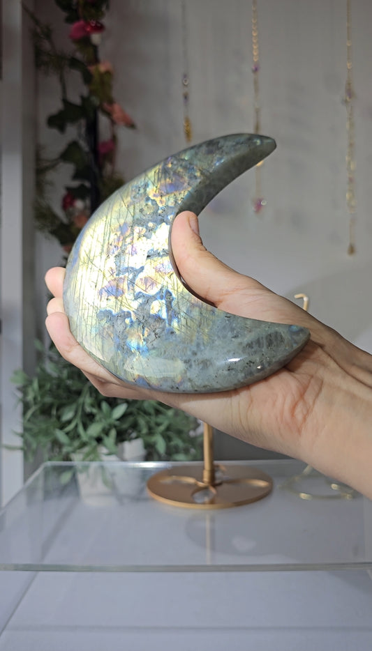 Labradorite Moon with Green Flash on Custom Stand - MAS0829