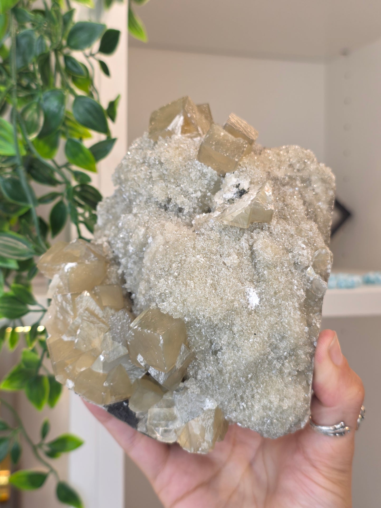 Honey Calcite Cubes on Druzy Sugar Calcite and Stilbite Matrix from Madhya Pradesh, India - AK