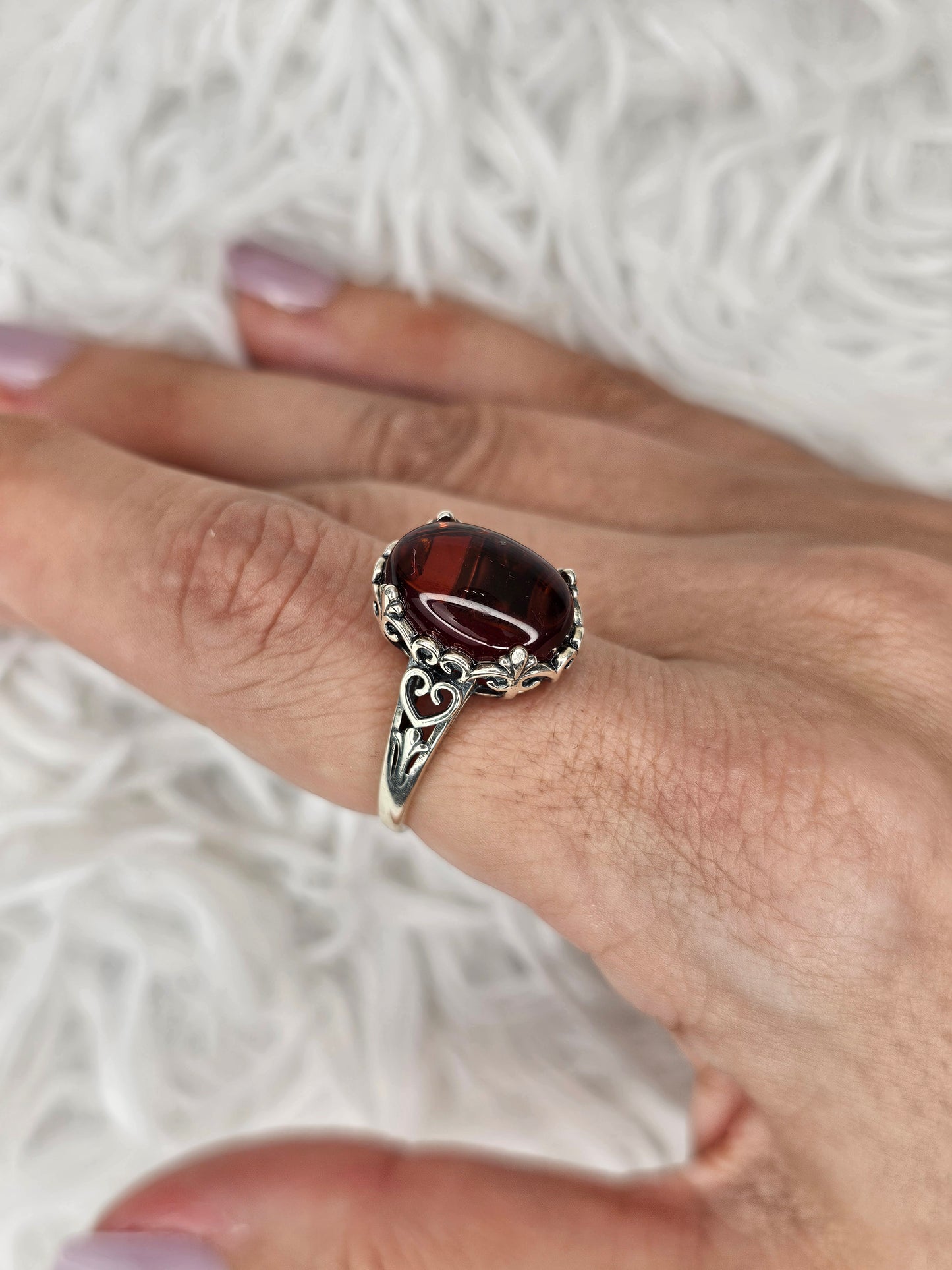 S925 Silver Adjustable Blood Amber Ring - MAS1042