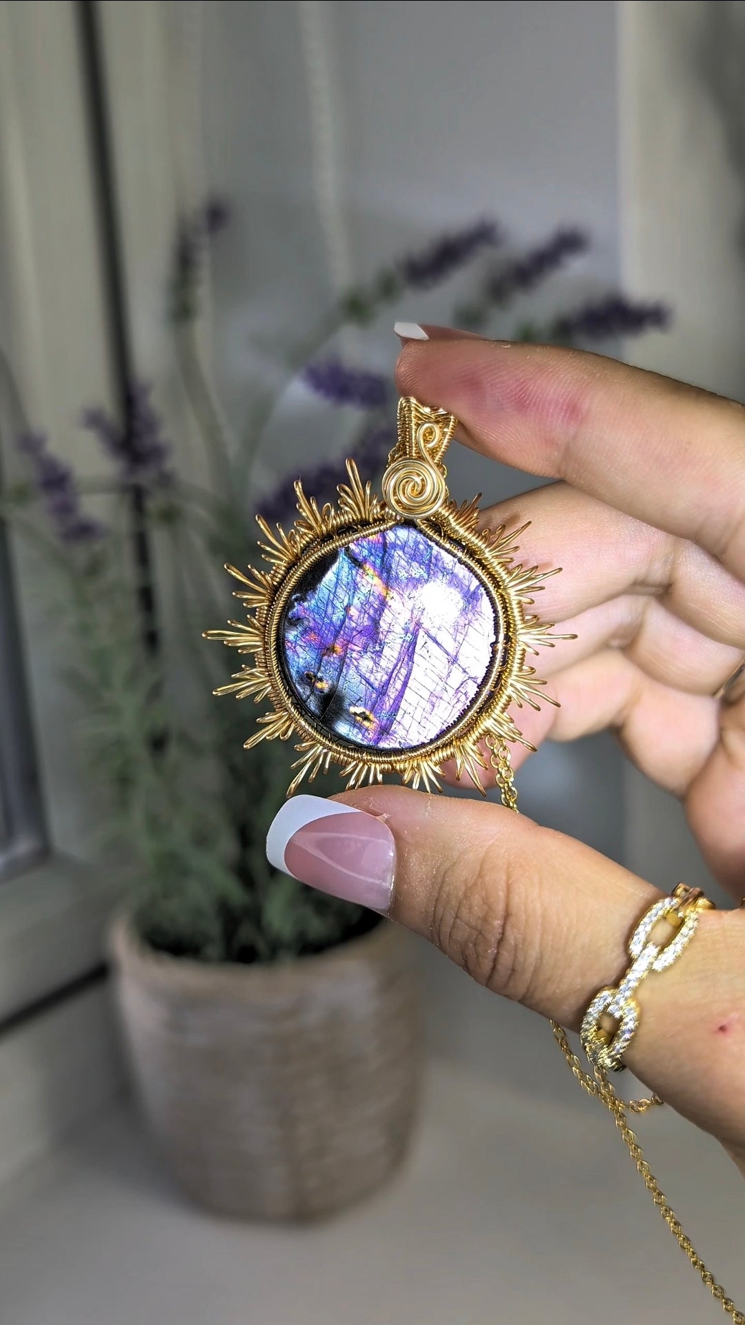 Hand Woven Gold Labradorite Sun Necklace with S925 Silver Chain - Purple Flash
