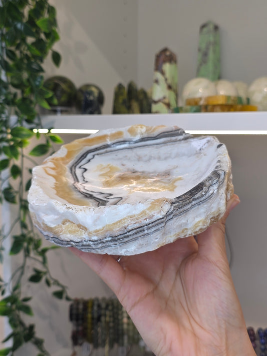 Raw Chunky Mexican Onyx Bowl - Yellow Zebra Calcite - A