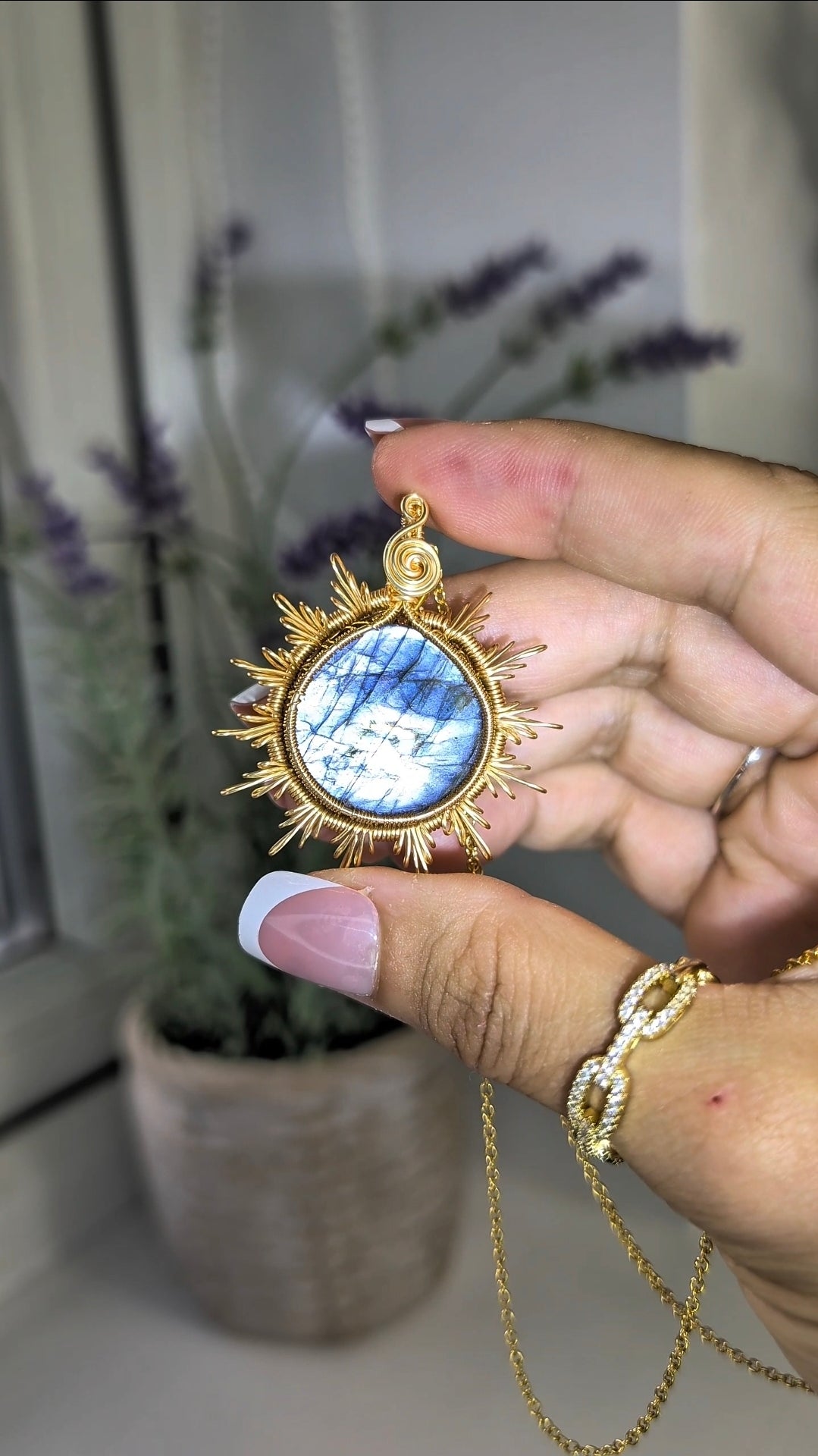 Hand Woven Gold Labradorite Sun Necklace with S925 Silver Chain - Ice Blue/Silver Flash