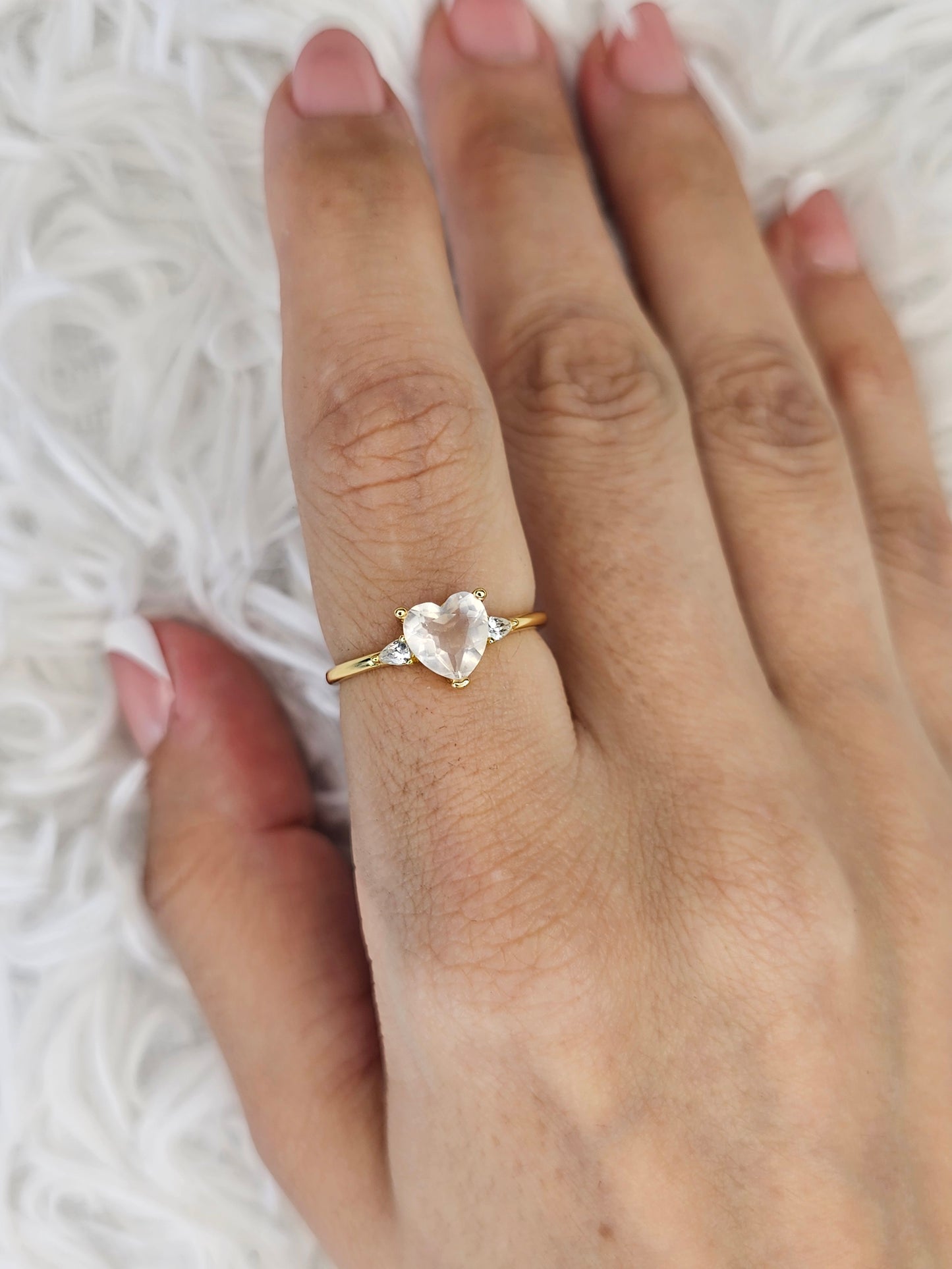 18ct Gold Plated S925 Silver Adjustable Rose Quartz Heart Ring - MAS0914