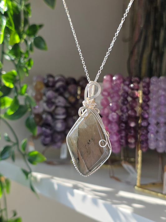 S925 Silver Labradorite Hand Wrapped Necklace - C