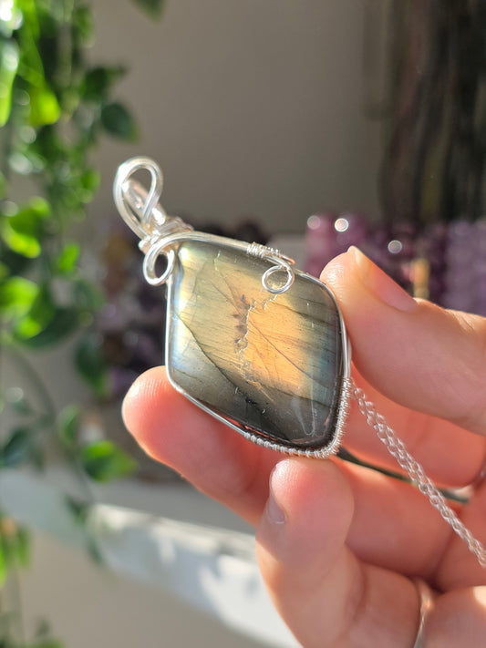 S925 Silver Labradorite Hand Wrapped Necklace - C