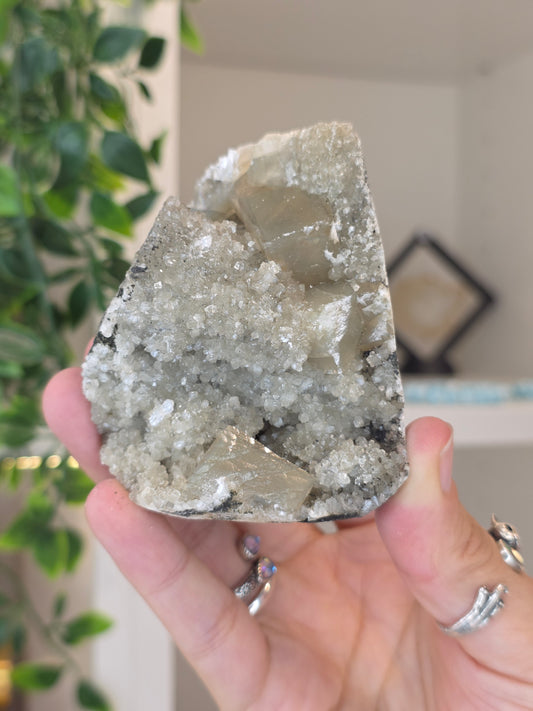Honey Calcite Cubes on Druzy Sugar Calcite and Stilbite Matrix from Madhya Pradesh, India - V