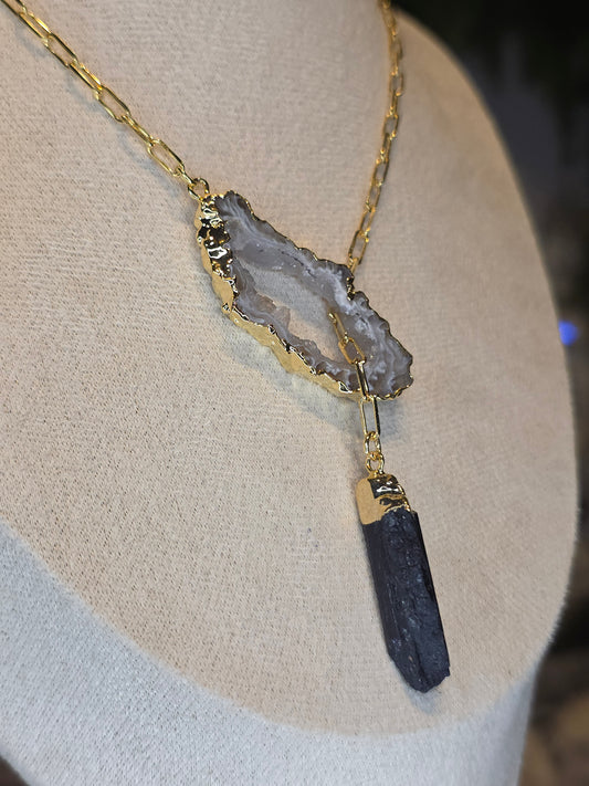 18ct Gold Plated Druzy Brazilian Agate Necklace with Amethyst Drop D