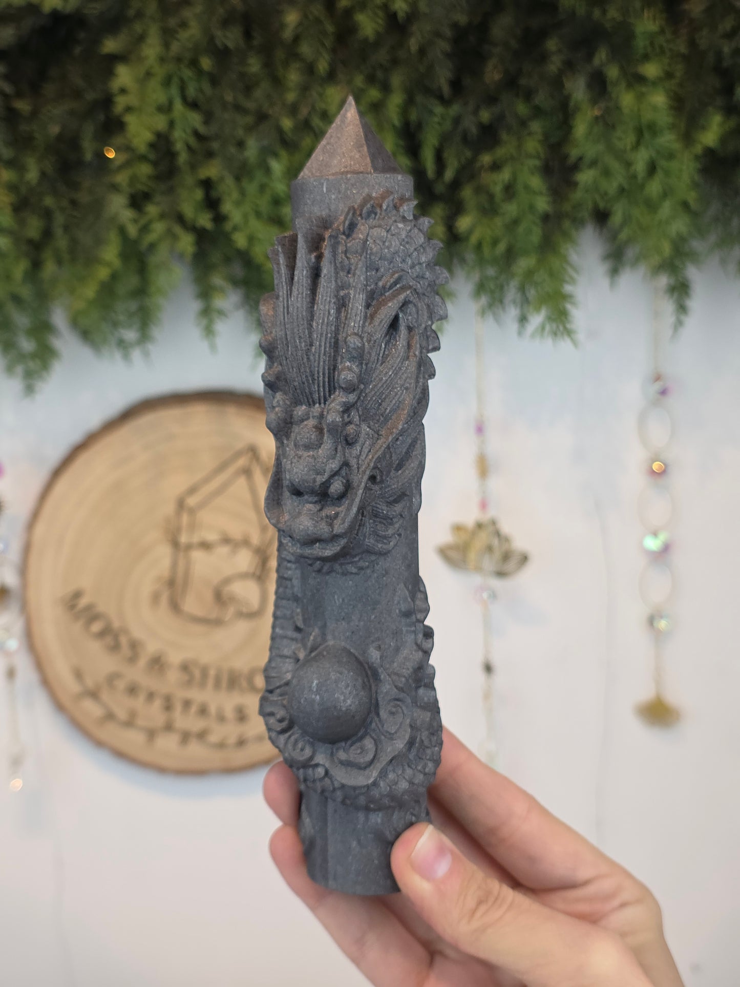 Shungite Tower with Dragon Carving A