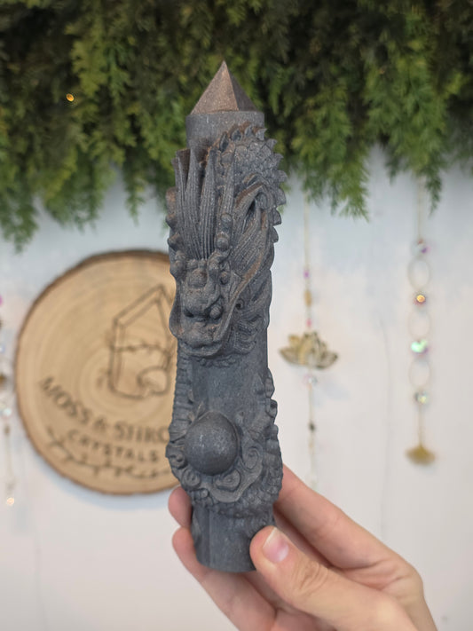 Shungite Tower with Dragon Carving A