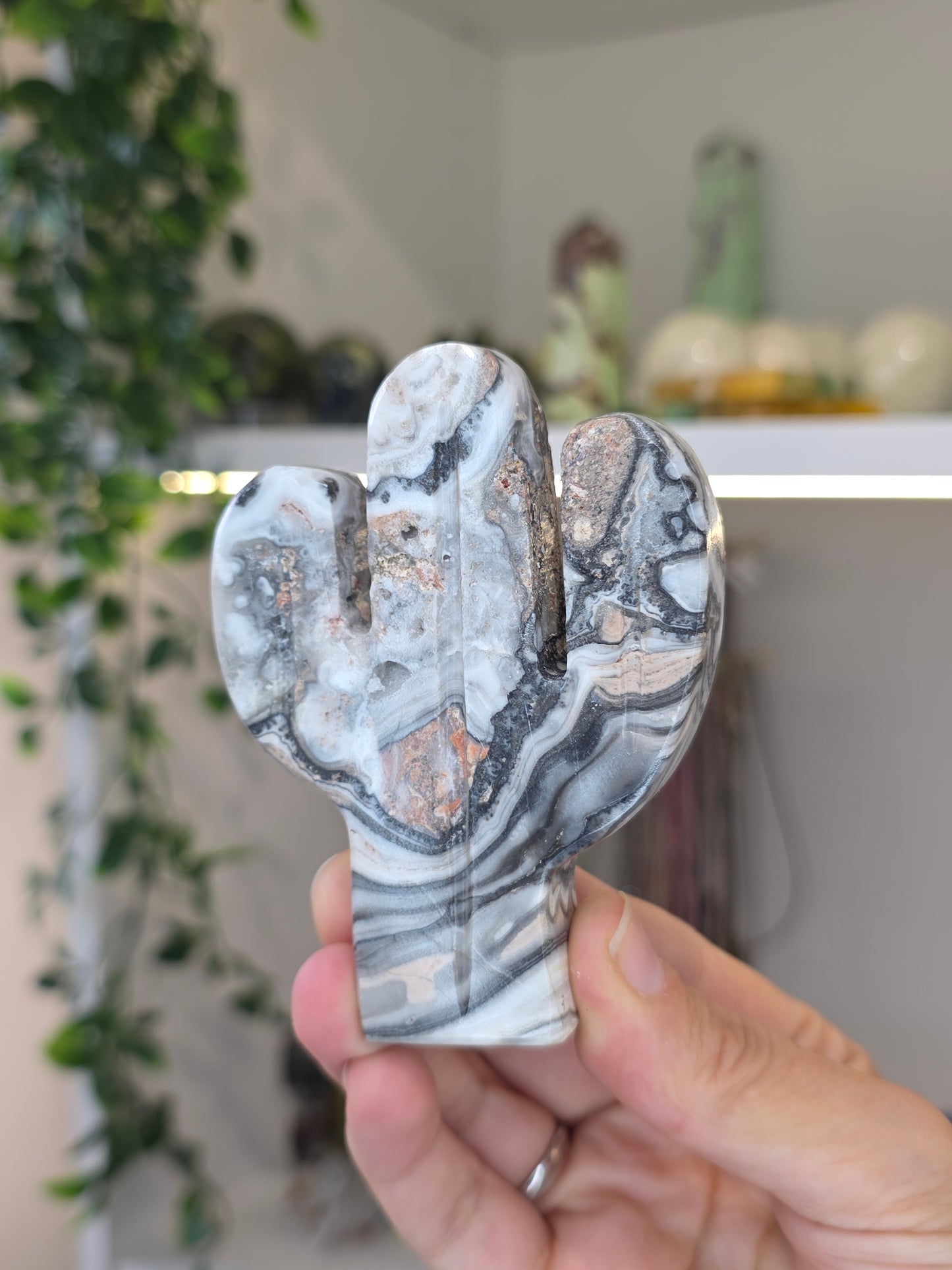 Small Mexican Onyx Freestanding Cactus Carving - Black/White Zebra Calcite - B