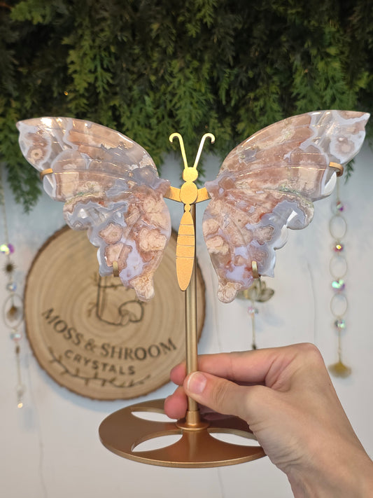 Pink Flower Agate Butterfly Wings on Custom Stand